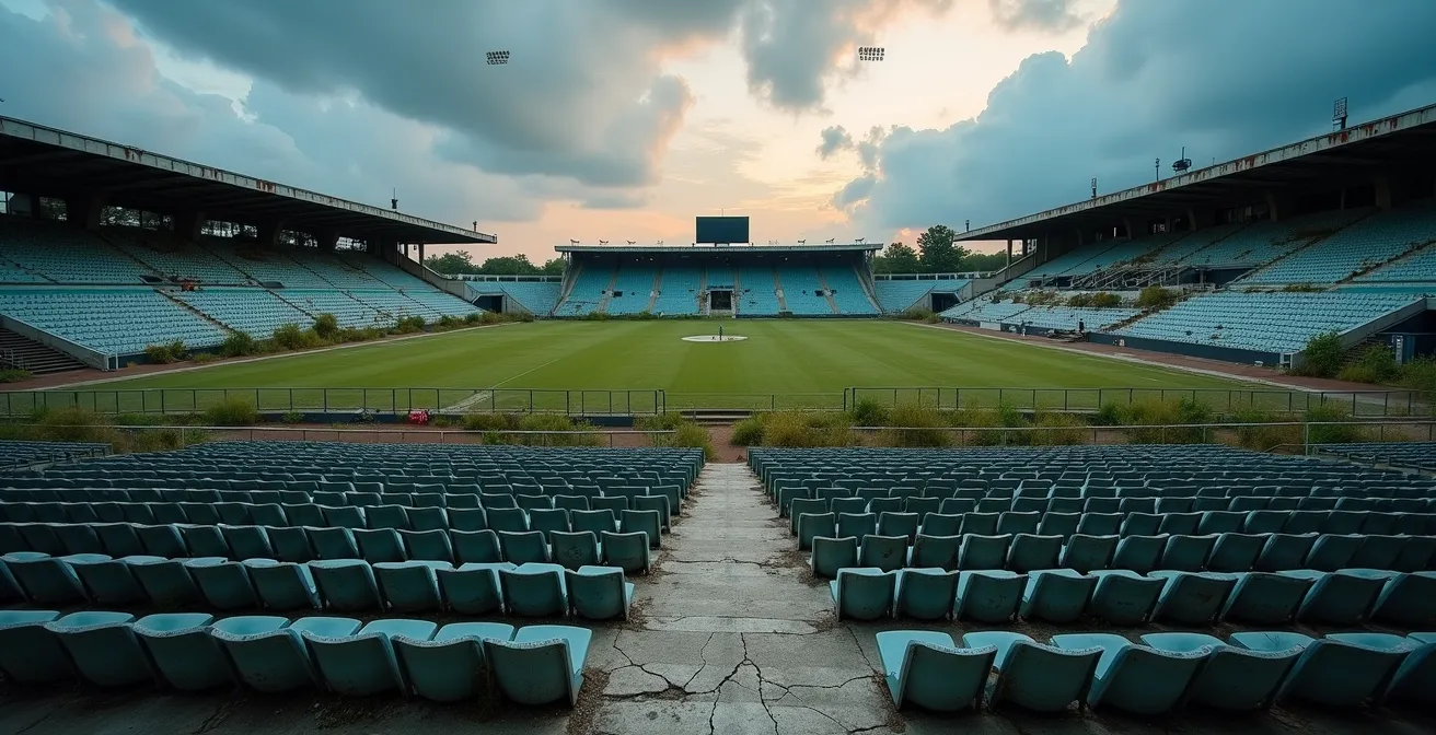 Wide angle view of an abandoned stadium showing empty seats and deteriorating infrastructure