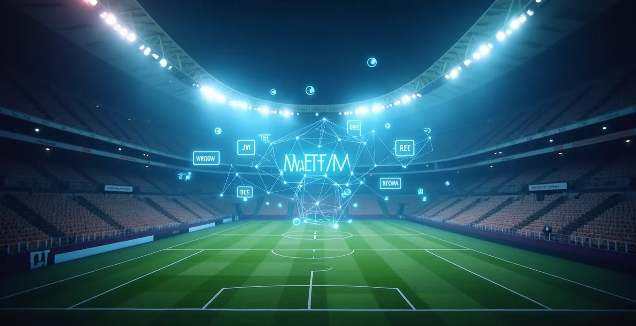 Stadium view with abstract data visualization patterns floating in space above the playing field