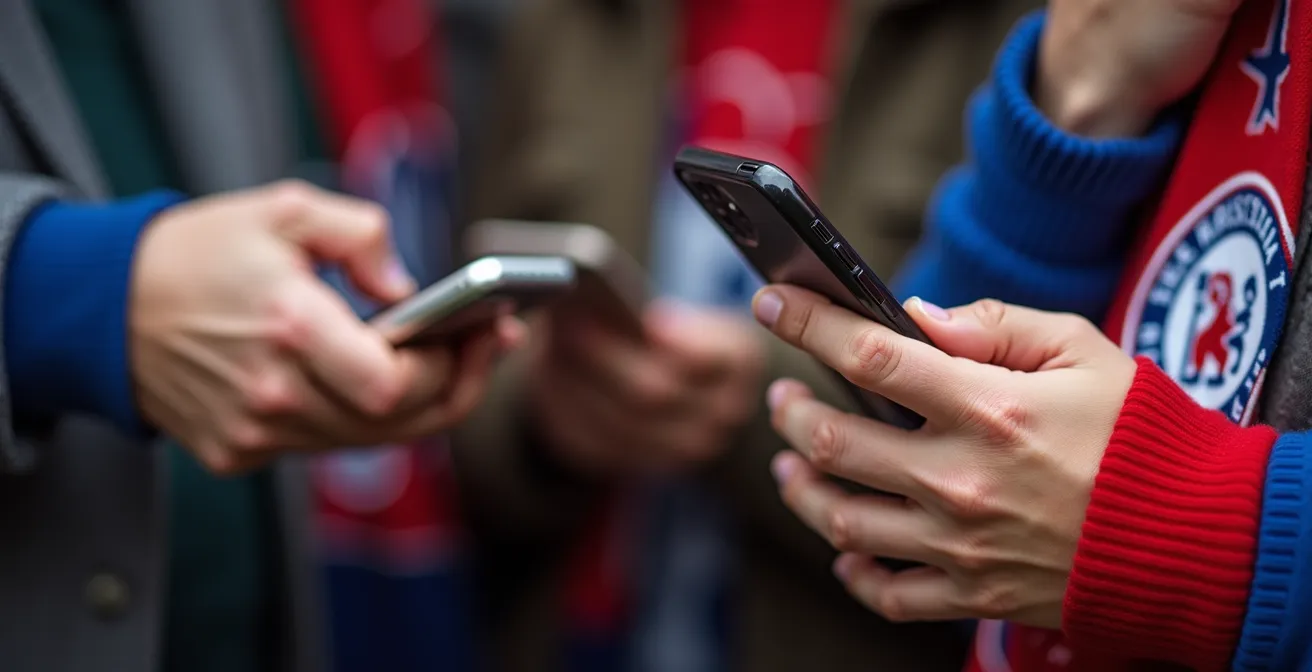 Close-up of hands holding smartphones displaying Premier League content with Asian fan merchandise