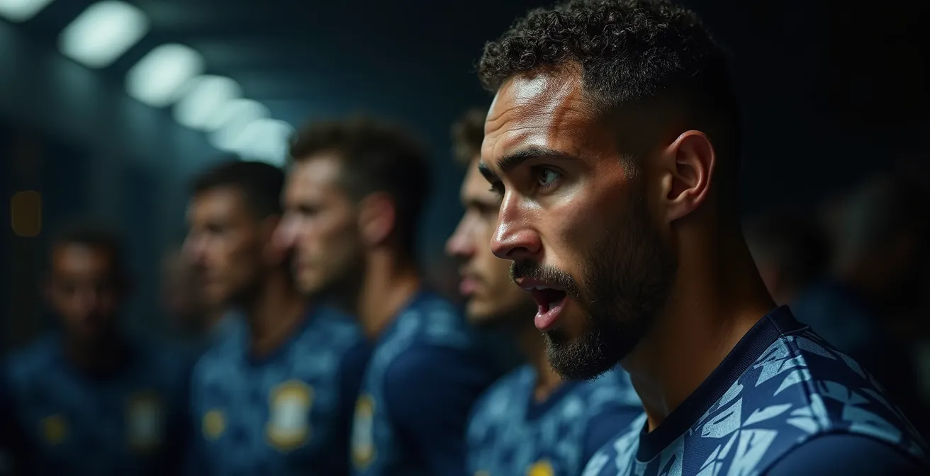Athletes in a tunnel preparing for their walkout, showing intense focus and concentration.