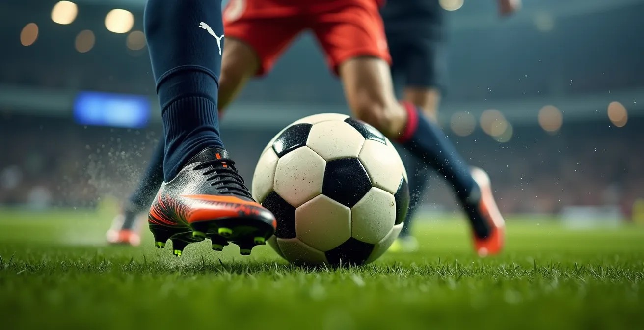 Close-up view of a striker's finishing technique in a one-on-one situation with goalkeeper