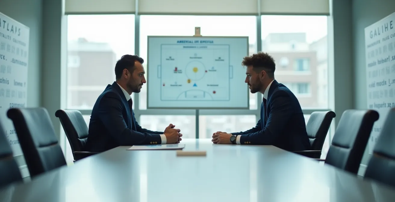 Coach and star player in private tactical discussion with game strategy board