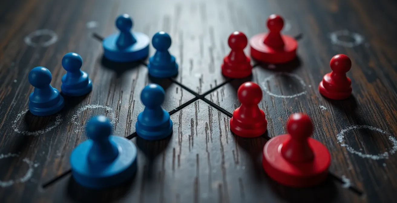 Abstract visualization of overlapping tactical systems creating cognitive interference in football players