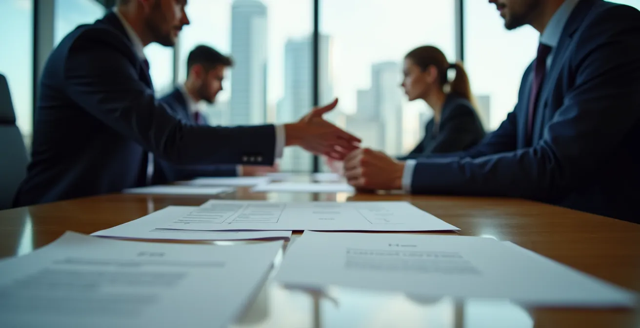 Business meeting scene showing contract negotiations in a football club boardroom