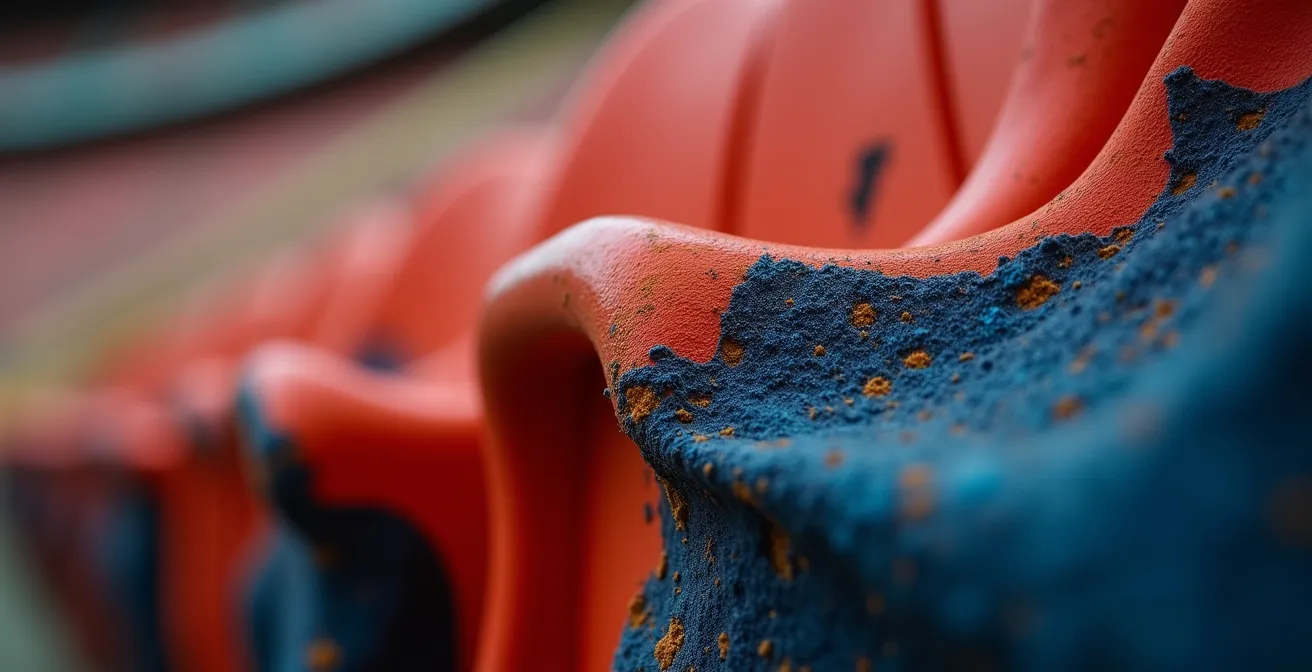 Extreme close-up of stadium seat fabric texture showing wear from intense crowd activity