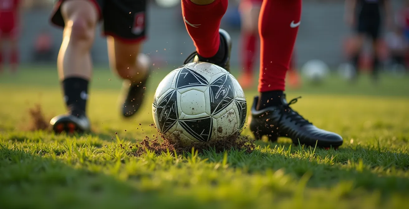 Macro detail of football boots during immediate counter-press in final third