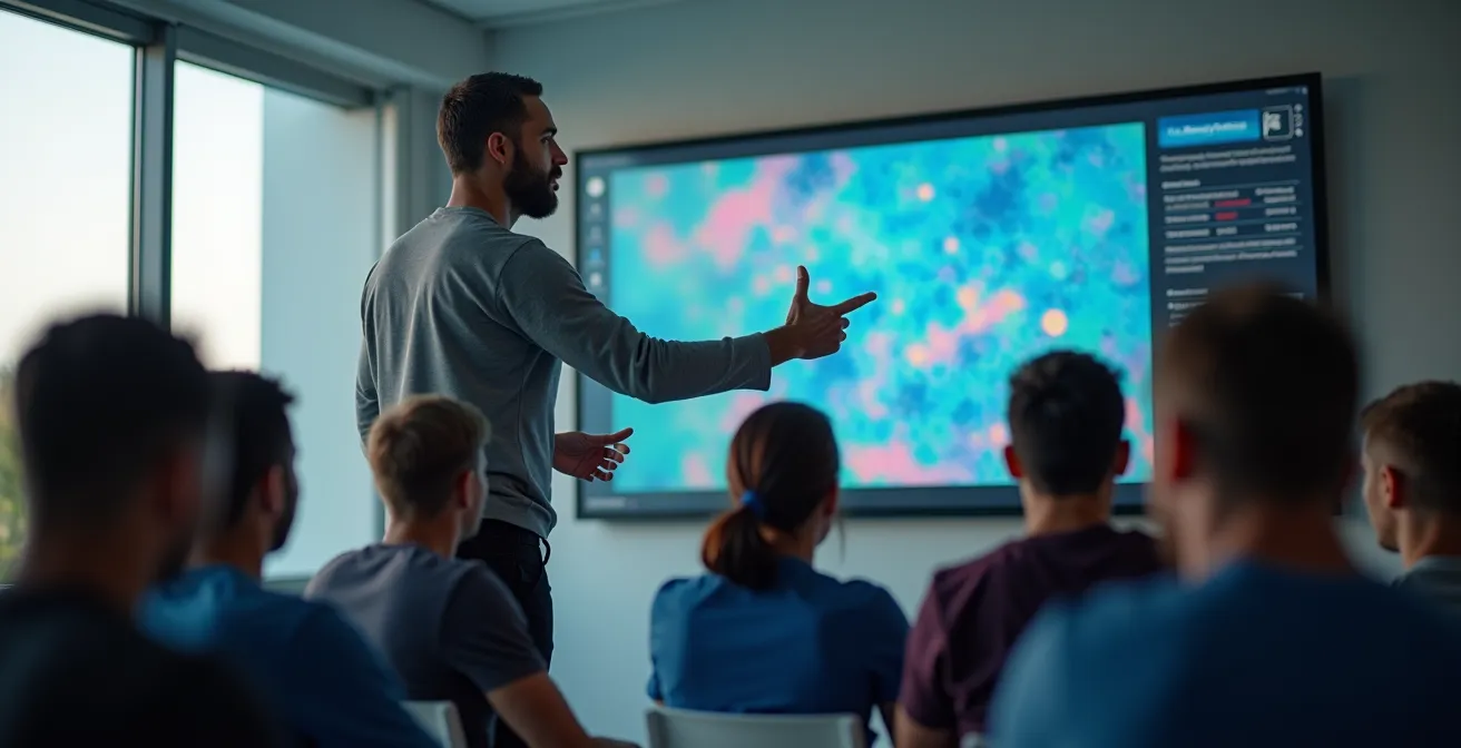 Coach showing tactical analysis on large display to players in a team meeting room.