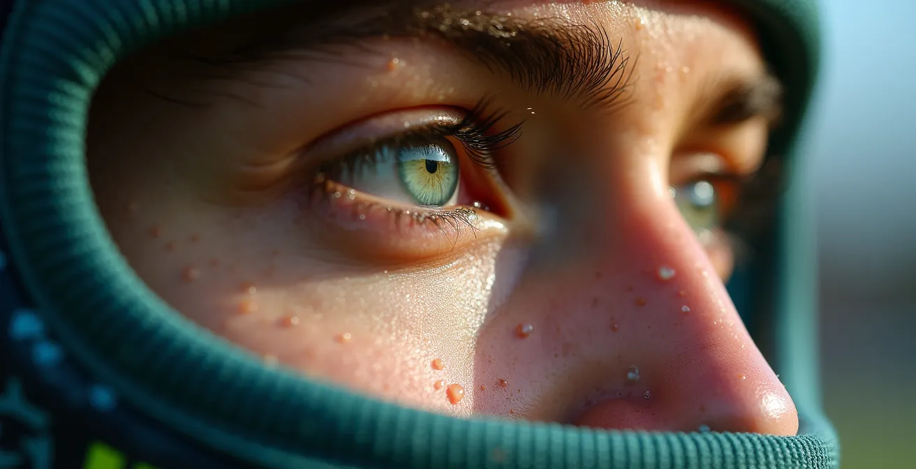 Close-up of defender's intense focus and head movement scanning the field