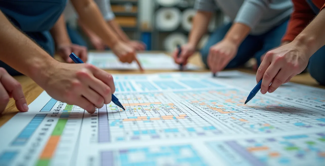 Close-up view of hands working on a stadium seating grid with colored markers