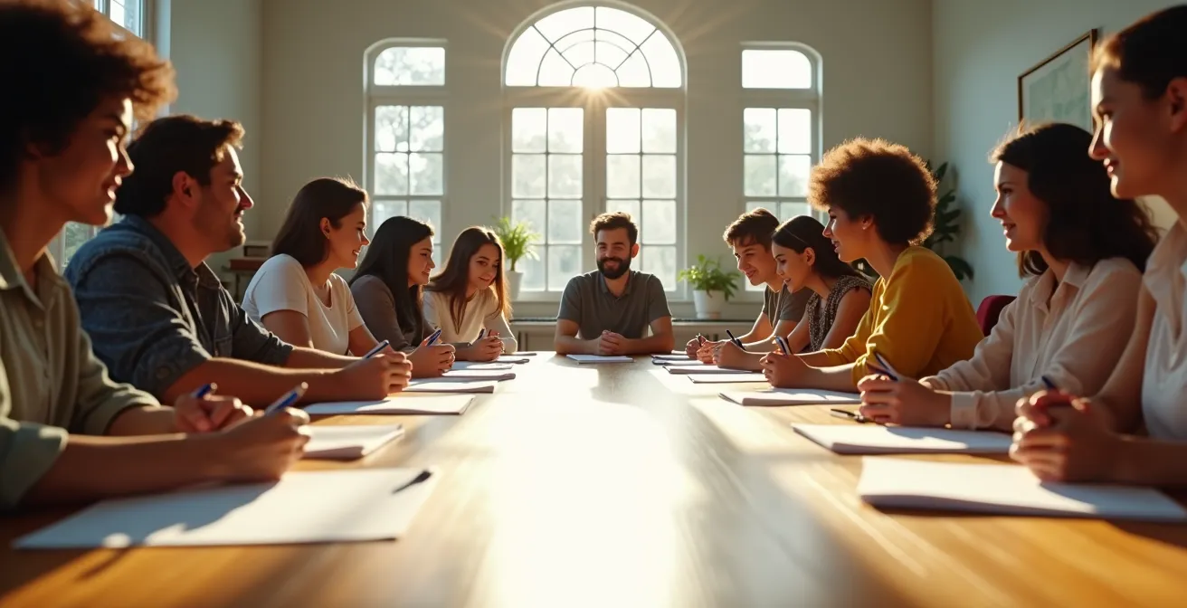Diverse football supporters collaborating around a table, drafting constitution documents that will unite them.