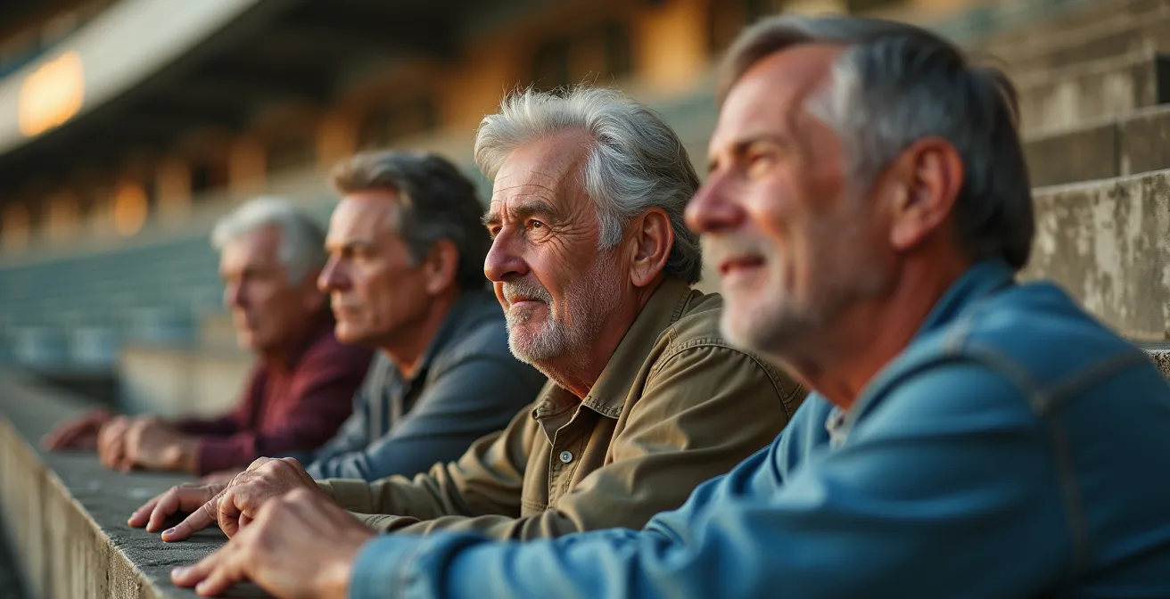 Emotional portrait of longtime football fans in historic stadium terraces