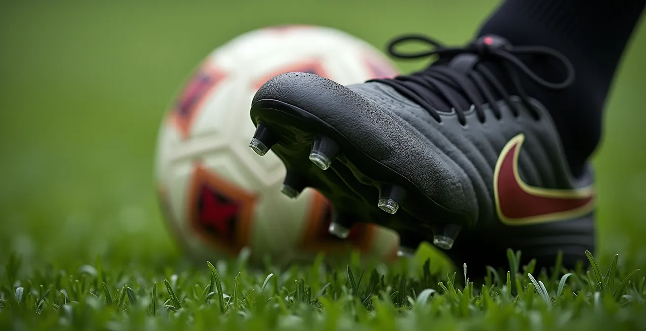 Macro shot of football boot making contact with ball during first touch training