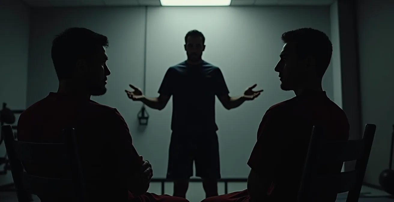 A manager calmly mediating a dispute between two players in a private locker room setting, preventing toxicity.