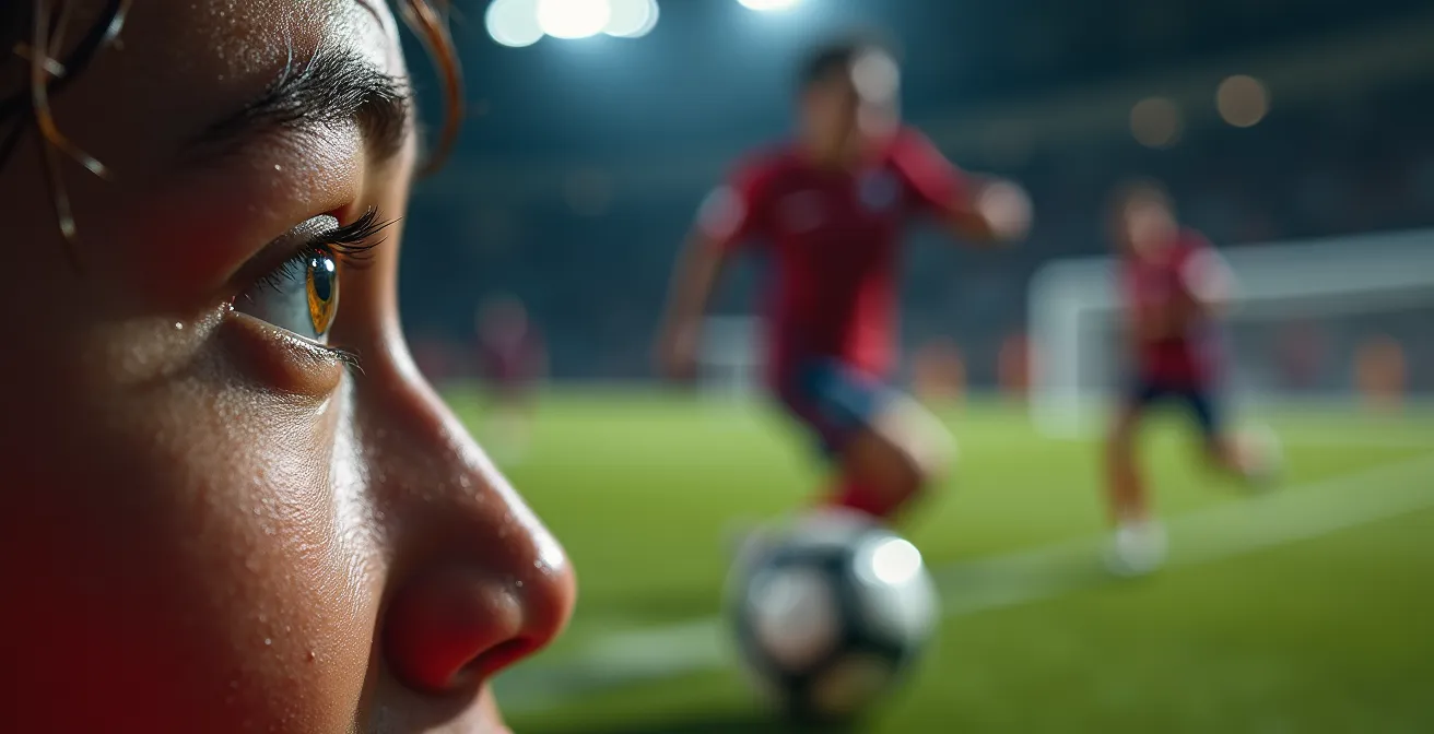 Professional footballer demonstrating scanning technique with head turned checking shoulder while ball approaches