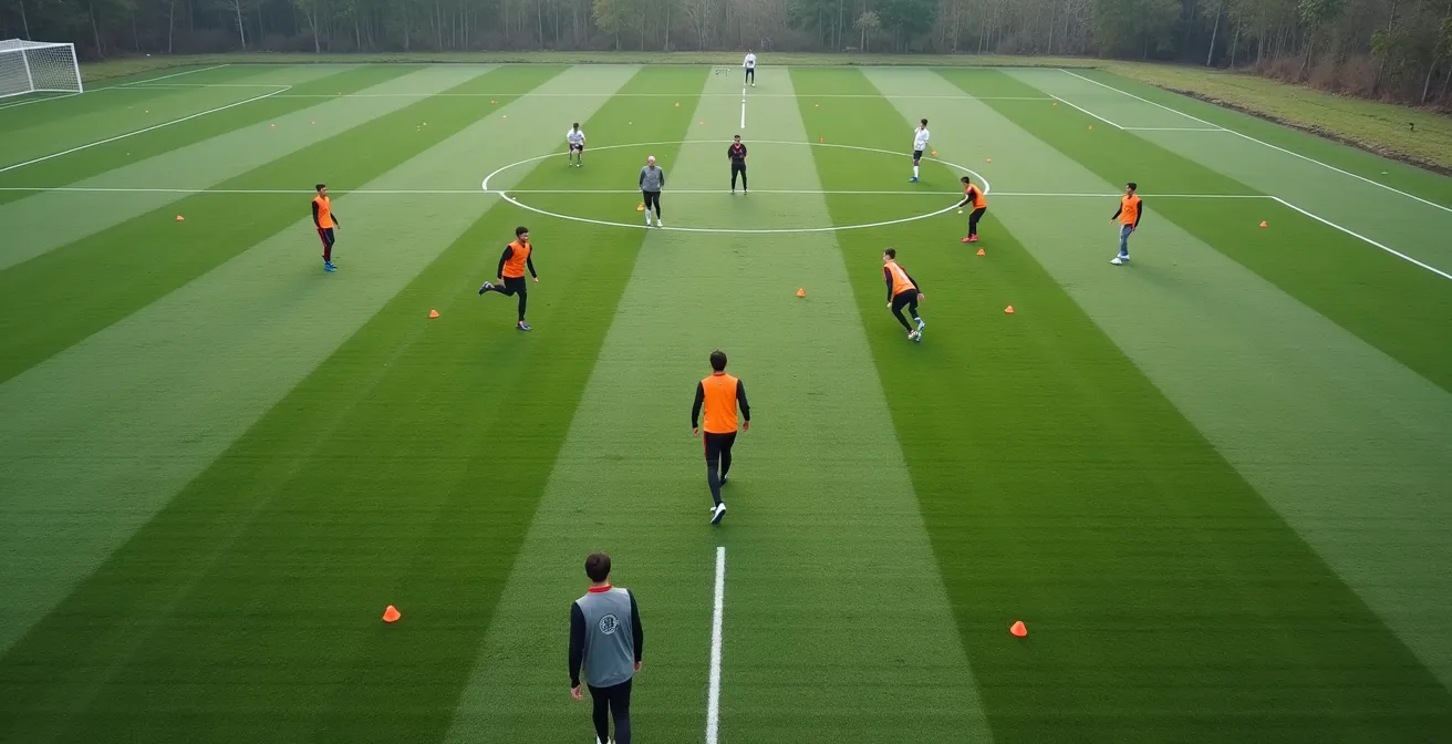 Wide shot of football training session with players under pressure in tight space