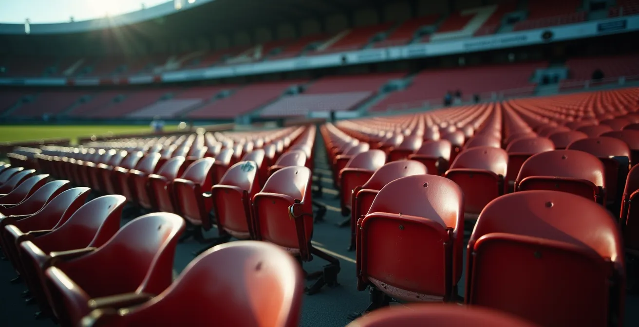 Close-up of empty stadium seats with dramatic shadows suggesting crowd tension