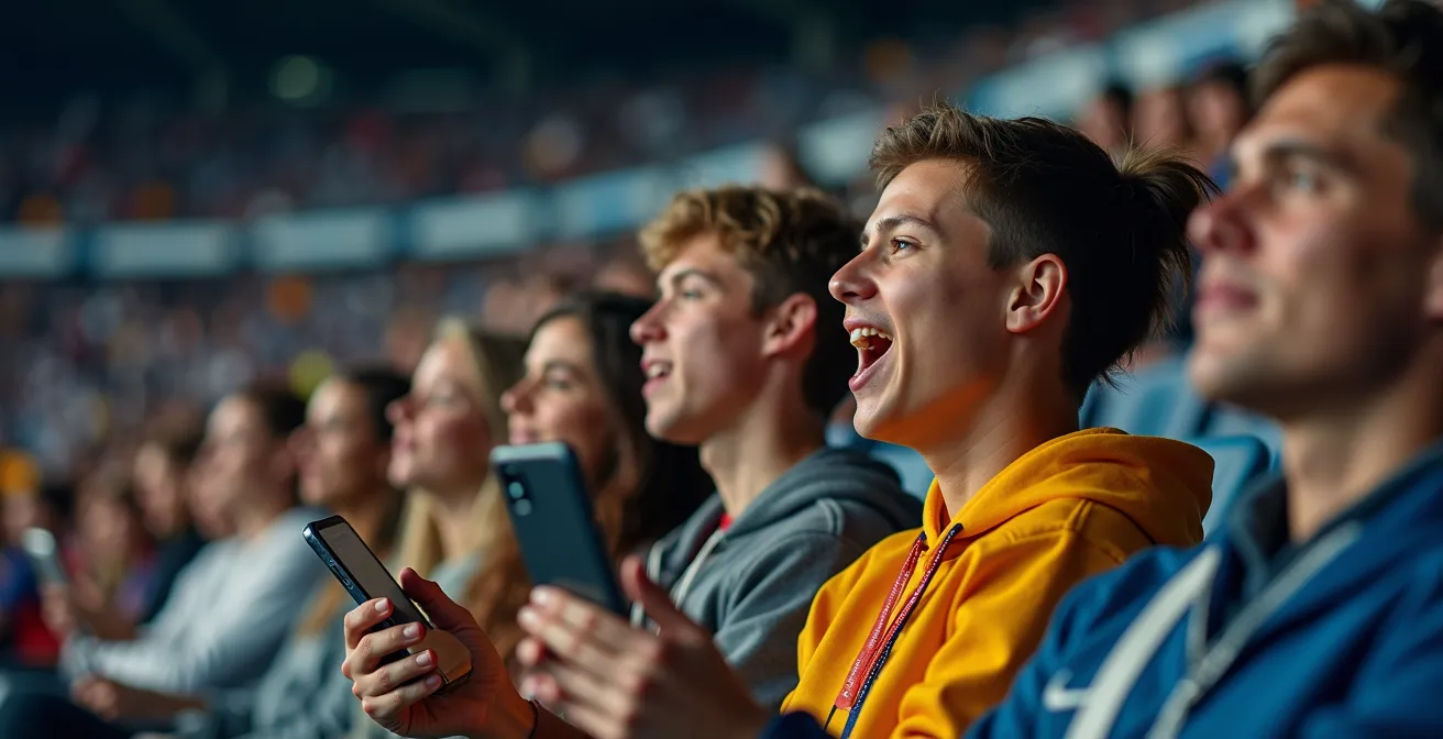 Young diverse fans live-streaming from stadium seats with phones, capturing the match atmosphere