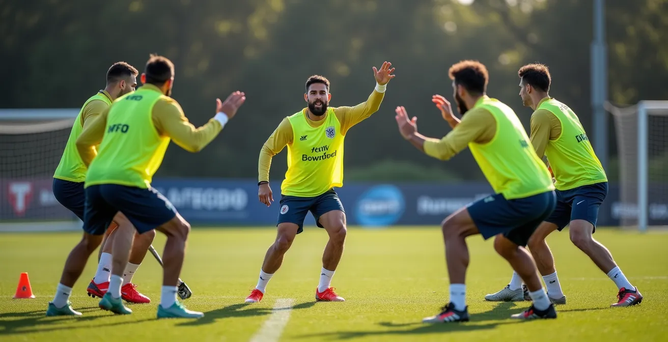 Football defenders practicing high line coordination drills