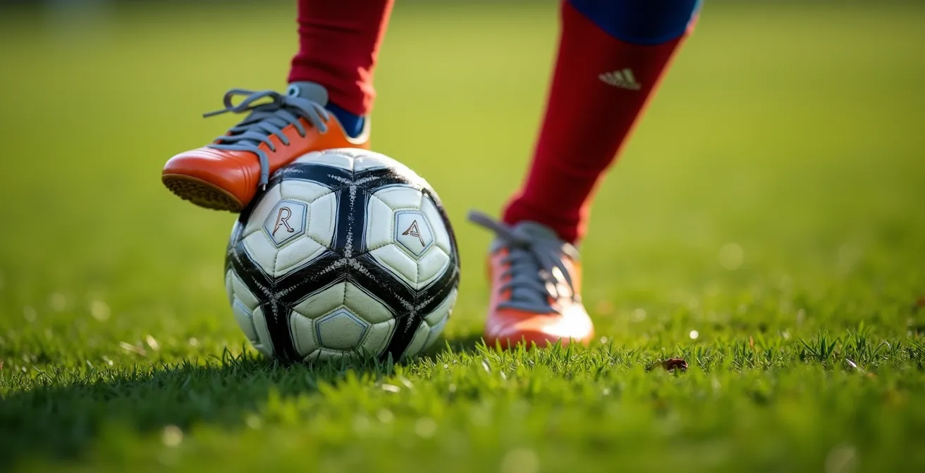 Close-up of player's feet executing the Iniesta shuffle move with ball