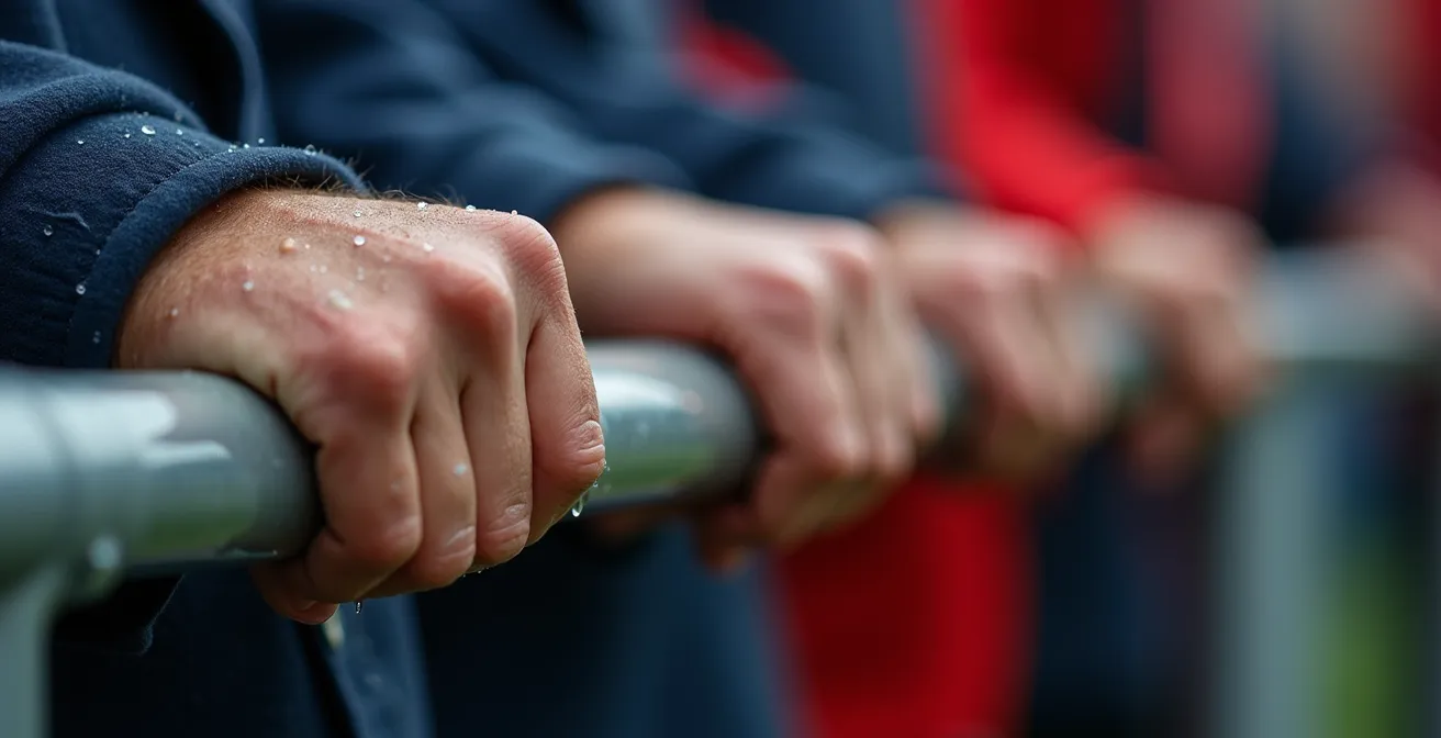 A macro view of the raw, intense energy of a passionate sports crowd, focusing on hands gripping a railing.