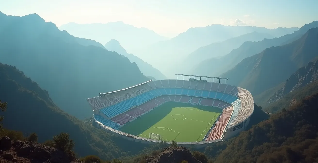 Aerial view of a football stadium nestled in the Andean mountains at extreme altitude