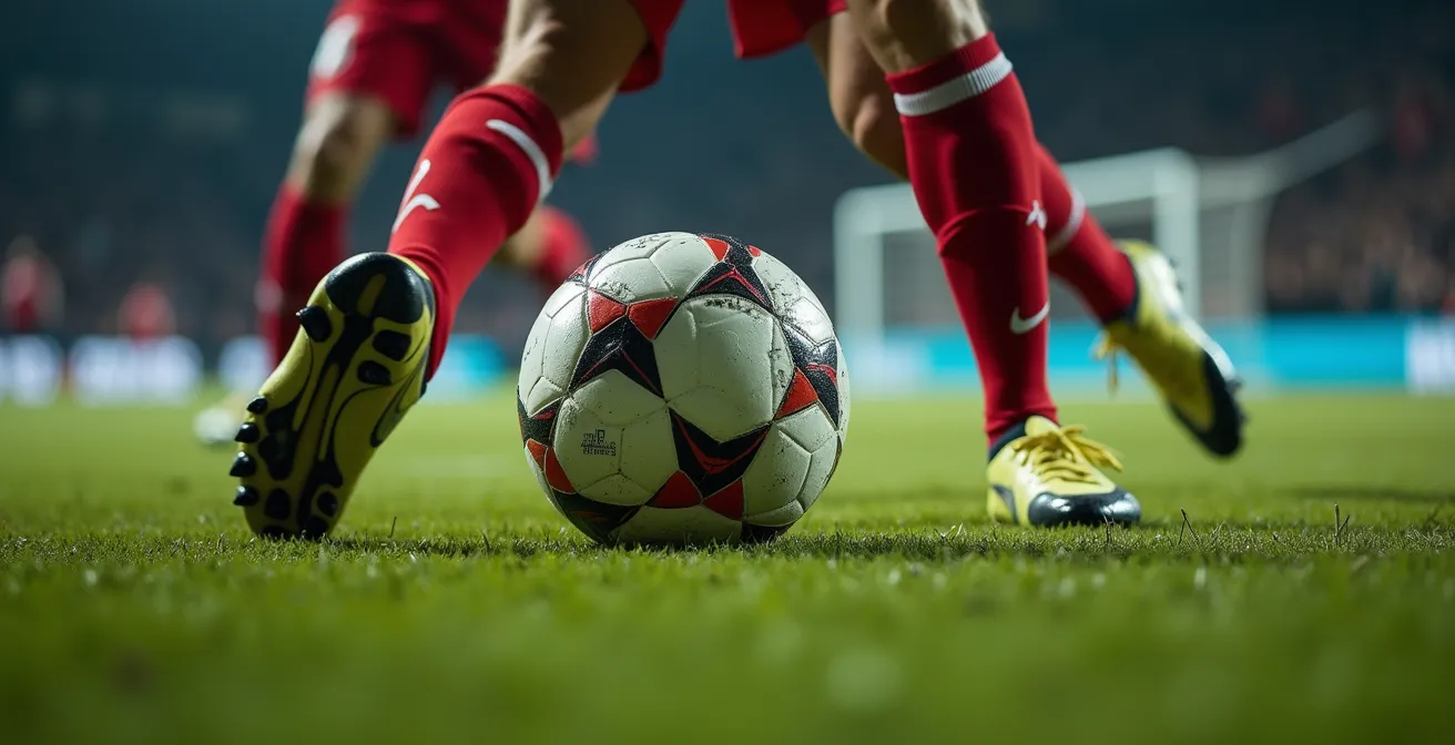 Technical striker using body positioning to shield ball from physical defender