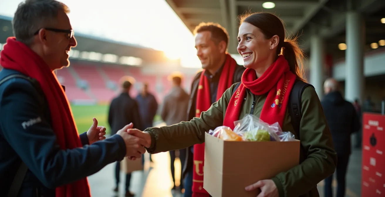 Volunteers organizing food donations at stadium entrance during match day