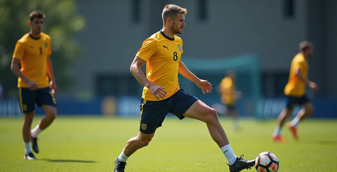 Football midfield pivot player in screening position with open body shape