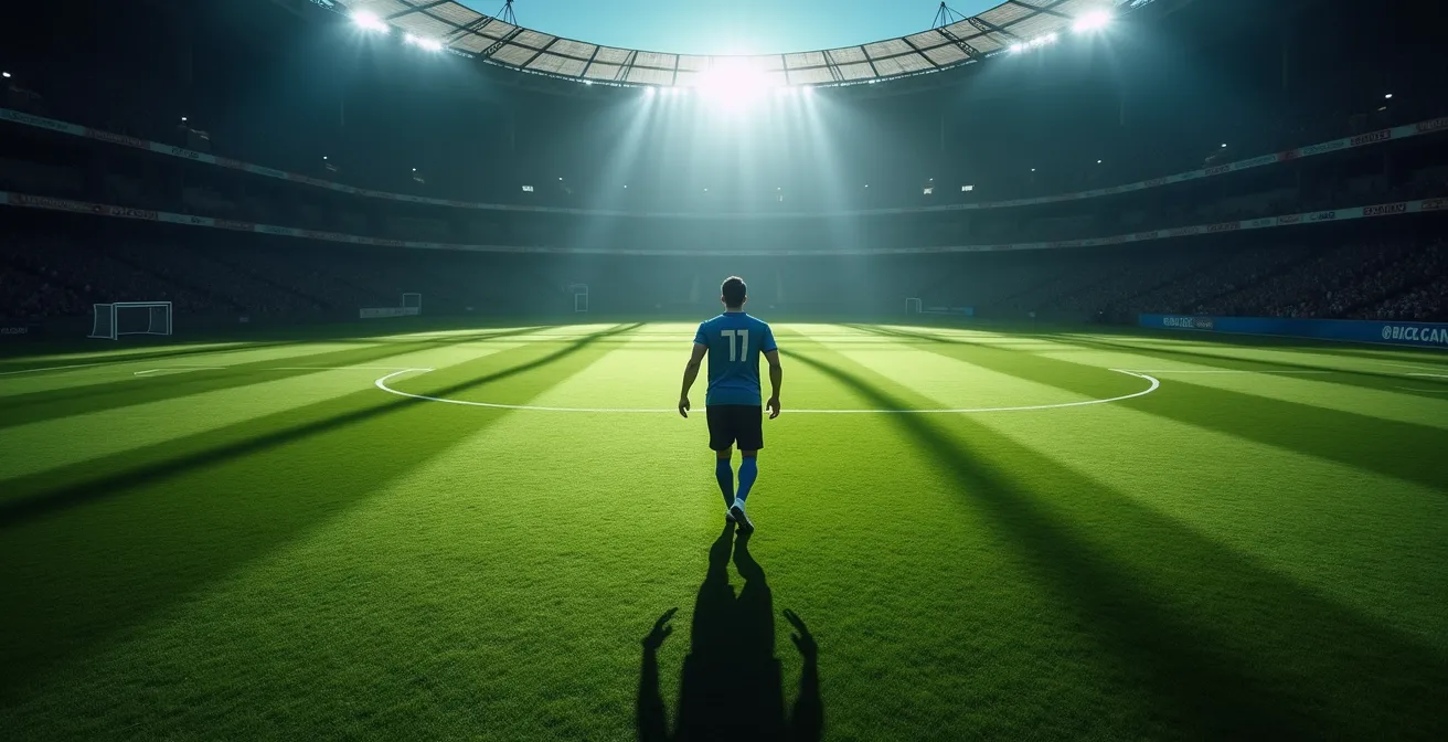 Football forward making a decisive movement between defensive lines in match action