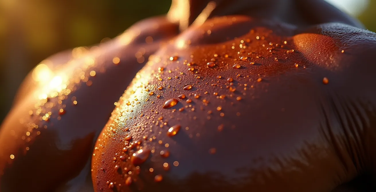 Macro shot of athletic muscle fibers showing signs of neuromuscular fatigue