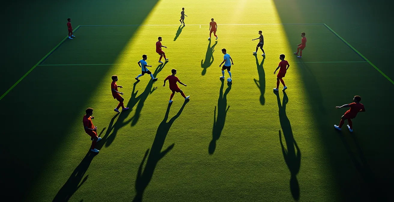 Aerial view of youth football match highlighting player movements and tactical positioning