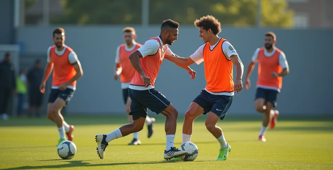 Football players demonstrating reciprocal positioning movements on training pitch