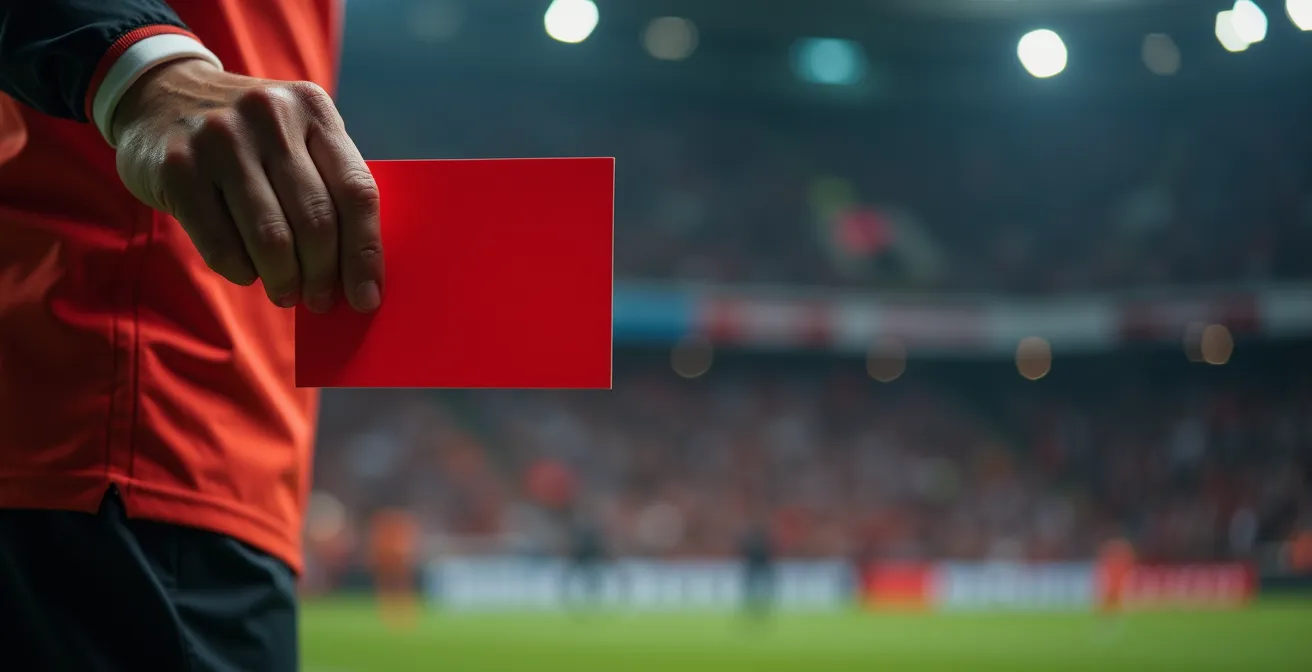 Close-up of a referee's hand holding up a red card during an intense match moment