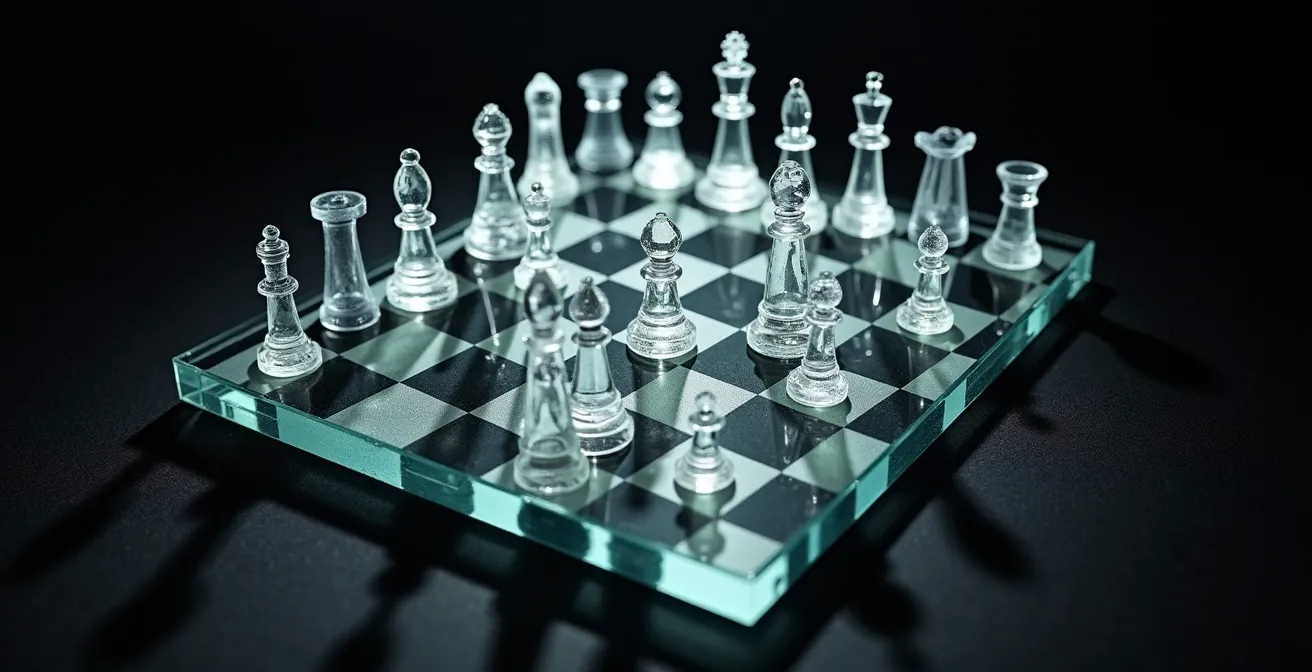 A glass chess board with crystal pieces metaphorically representing the risk assessment for integrating young players.