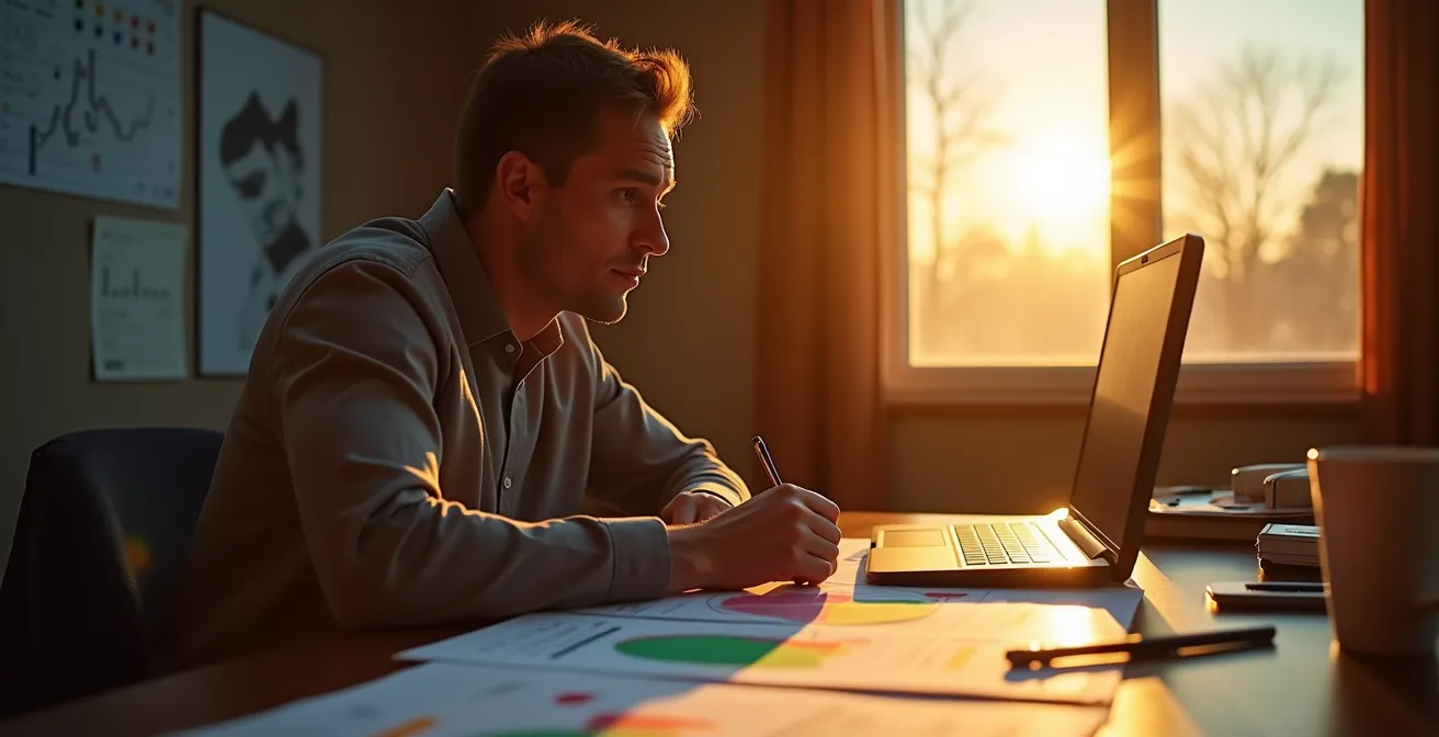 Scout working early morning analyzing player development curves on screens