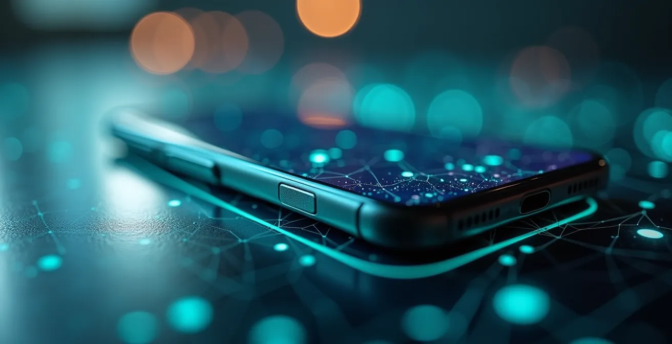 Macro shot of smartphone screen patterns with abstract data flow visualization