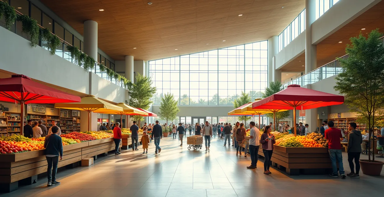 Stadium interior transformed into vibrant community space with multiple activities