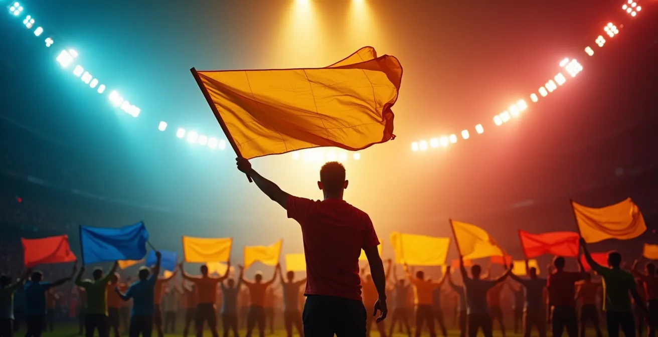 Stadium coordinator with raised flag signaling to crowd sections