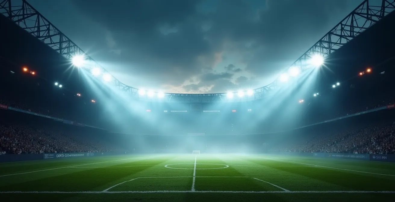 Stadium floodlights cutting through atmospheric haze, creating a dramatic atmosphere moments before kickoff.