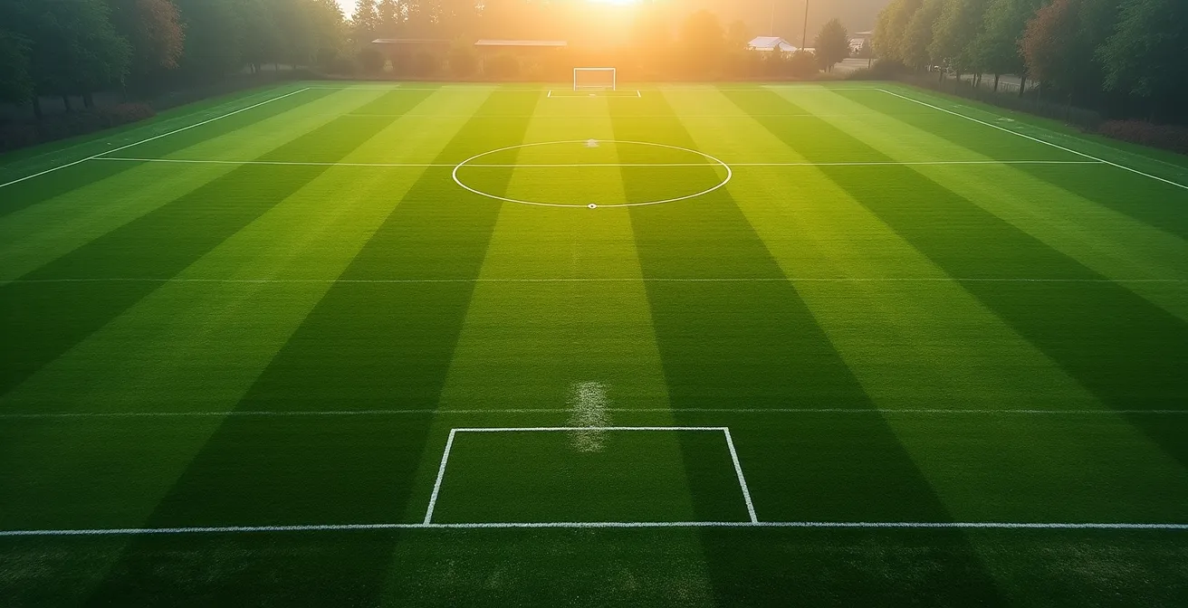 Aerial view of a pristine standardized football pitch showing perfect geometric lines and uniform grass patterns