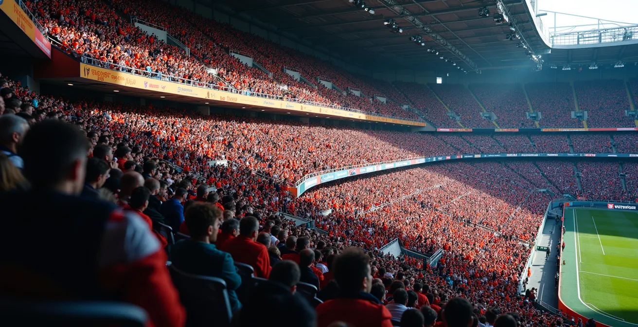 Cross-section view of steep stadium seating tiers showing sound wave patterns