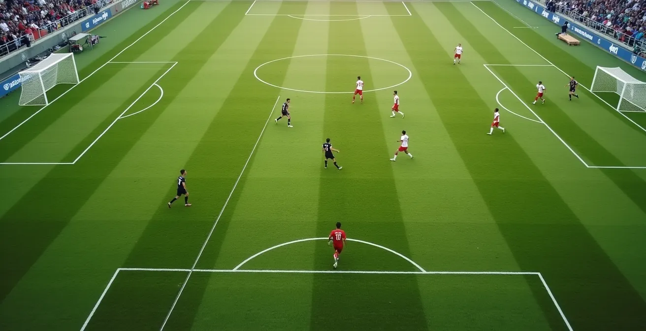 Aerial view of a striker making a curved run behind the defensive line with the playmaker about to release the pass