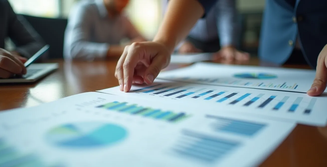 Professional meeting room with fan representatives presenting data analysis to board members