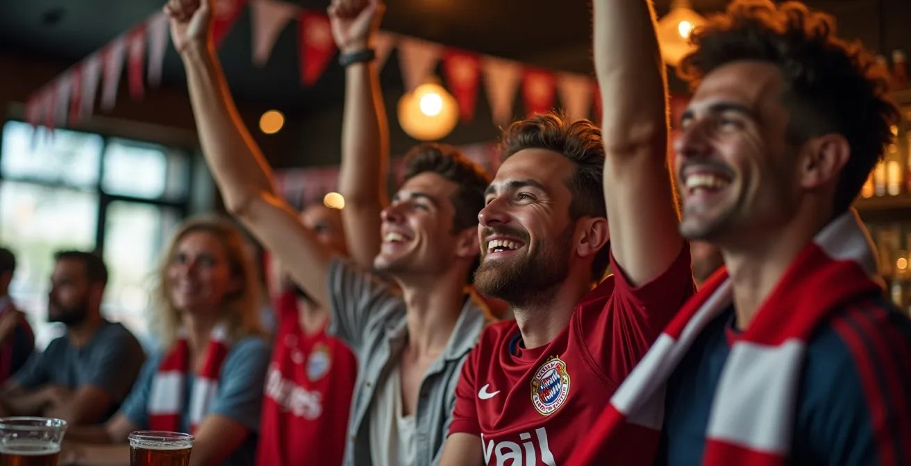 Football supporters club meeting in a local pub with team colors and memorabilia