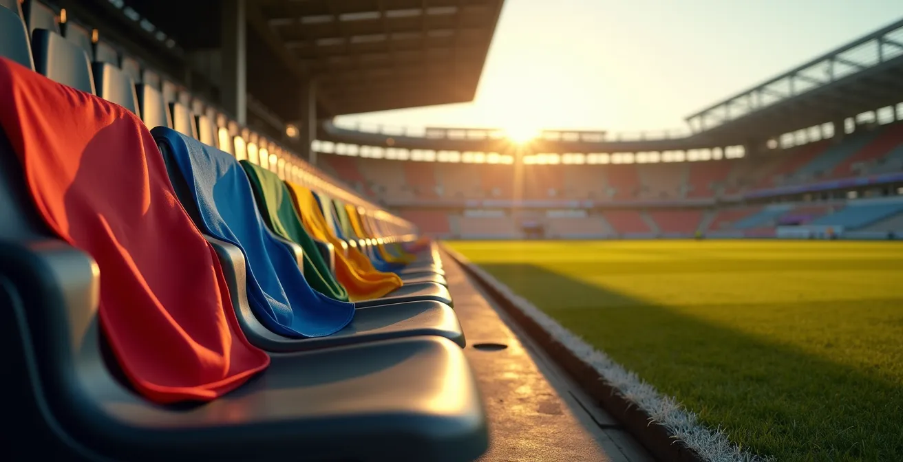 Empty dugout seats with different colored bibs, symbolizing the strategic roles of substitutes.