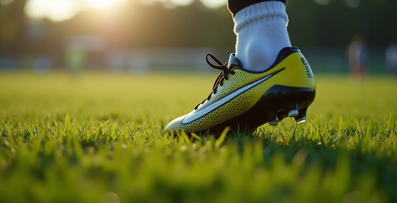 Close-up macro shot of football boot making subtle movement on grass