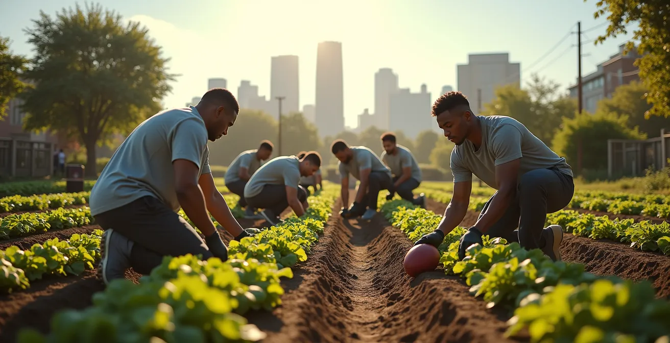 Football players engaged in a community service project together, building camaraderie off the pitch.