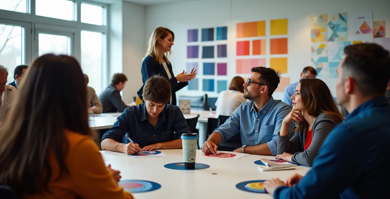 Diverse group of football supporters participating in collaborative design workshop with voting stations