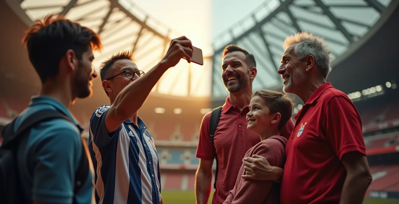 Split composition showing tourists with cameras versus generations of local supporters