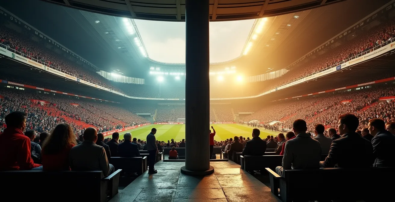 Split composition showing traditional working-class supporters and modern corporate hospitality areas